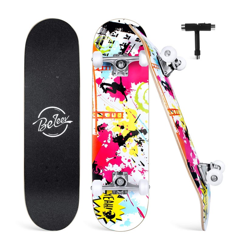 BELEEV Skateboards for Beginners, 31 Inch Complete Skateboard for Kids Teens Adults, 7 Layer Canadian Maple Double Kick Deck Concave Cruiser Trick Skateboard (Graffiti) - Image 1